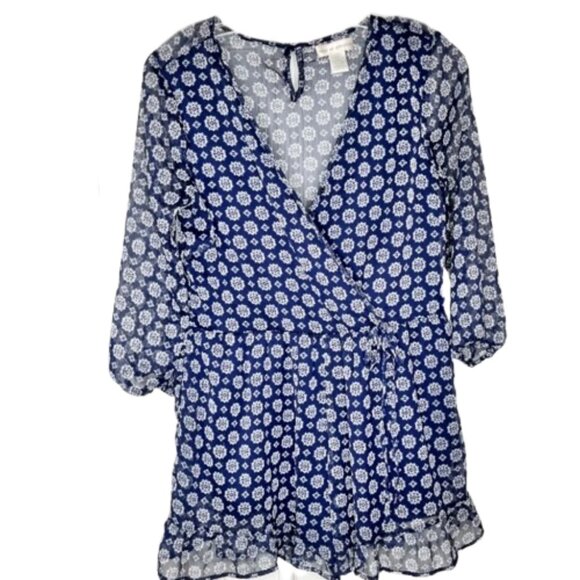 Band of Gypsies Navy/White Faux Wrap 3/4 Sleeve, Semi Sheer Romper - S - Picture 2 of 9